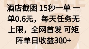 酒店截图15秒一单，一单0.6米，每天任务无上限，全网首发可矩阵单日收益3张【揭秘】-优品网赚资源库