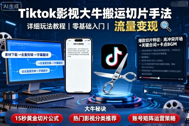 Tiktok影视大牛搬运切片手法，详细玩法教程-优品网赚资源库