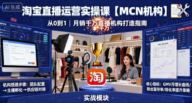 淘宝直播运营实操课【MCN机构】，从0到1做一家月销千W的直播机构-优品网赚资源库