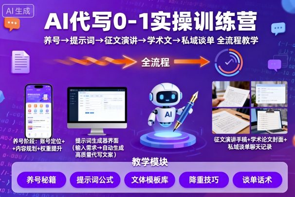 AI代写0-1实操训练营，从养号、提示词、征文演讲、学术文，到私域谈单的全流程教学-优品网赚资源库