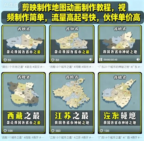 剪映制作地图动画制作教程,视频制作简单,流量高起号快,伙伴单价高-优品网赚资源库