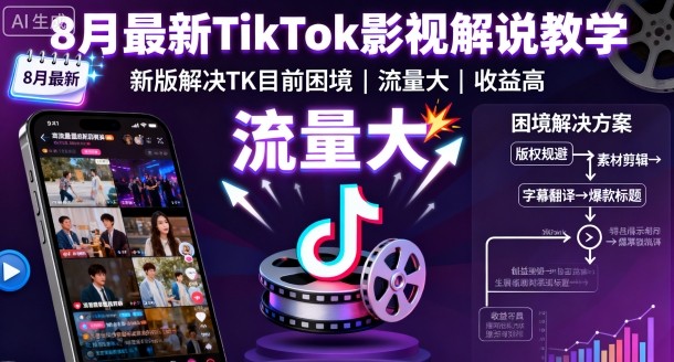 8月最新TikTok影视解说教学,新版解决TK目前困境,流量大,收益高-优品网赚资源库