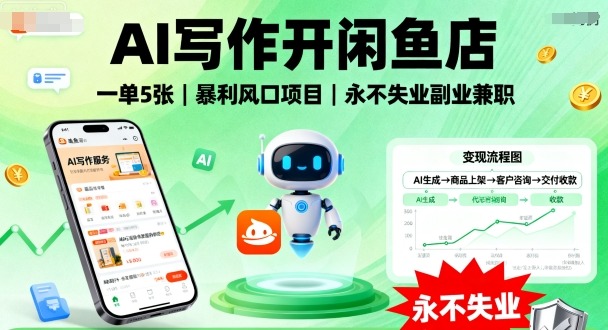 AI写作开闲鱼店,一单5张,暴利风口项目,永不失业副业兼职【全网首发】-优品网赚资源库