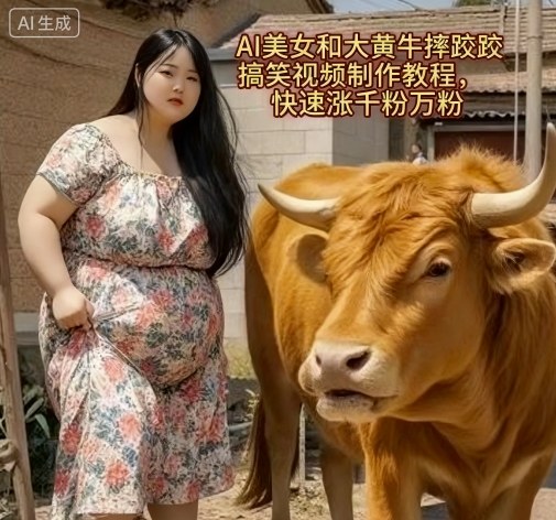 AI美女和大黄牛摔跤搞笑荒诞视频制作教程，快速涨千粉万粉-优品网赚资源库