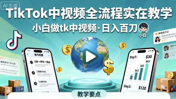 TikTok中视频全流程实操教学,小白做tk中视频,日入百刀-优品网赚资源库
