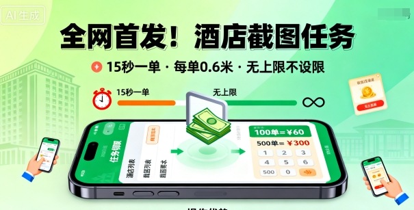 全网首发!酒店截图任务,15秒一单,每单0.6米,任务无上限不设限,矩阵操作单日3张到手【揭秘】-优品网赚资源库