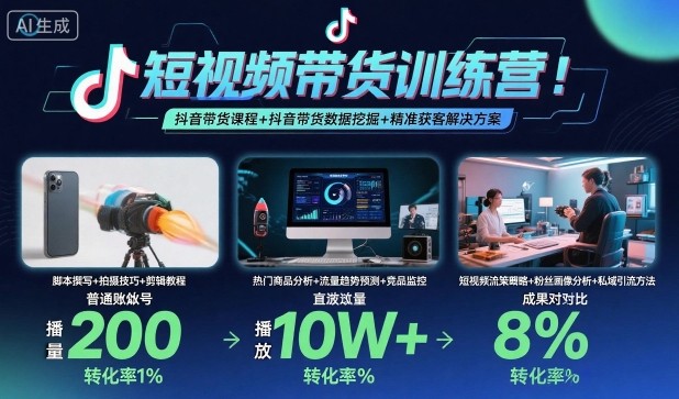 短视频带货训练营,抖音带货课程+抖音带货数据挖掘+精准获客解决方案-优品网赚资源库