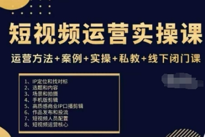 短视频运营实操课,运营方法+案例+实操+私教+线下闭门课-优品网赚资源库