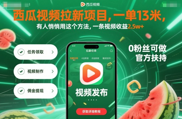 西瓜视频拉新项目,一单13米,有人悄悄用这个方法,一条视频收益2.5w+(附详细教程)-优品网赚资源库