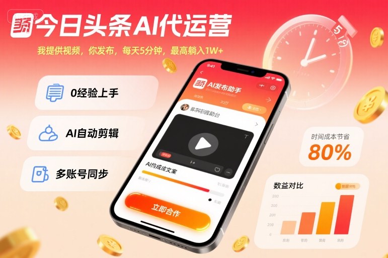 今日头条AI代运营，我提供视频，你发布，每天5分钟，最高躺入1W+【揭秘】-优品网赚资源库