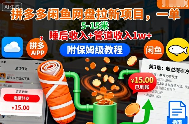 拼多多闲鱼网盘拉新项目，一单5-15米，睡后收入+管道收入1w+（附保姆级教程）-优品网赚资源库