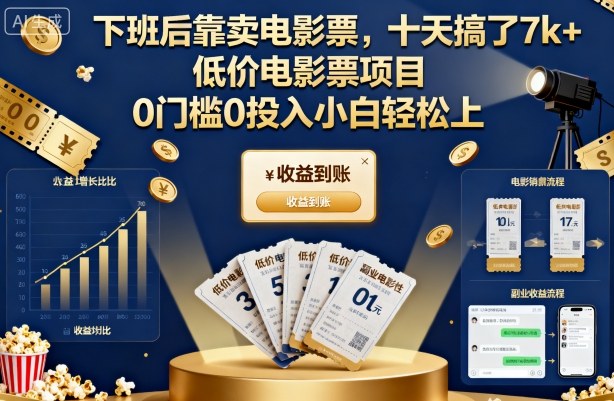 下班后靠卖电影票，十天搞了7k+，低价电影票项目，0门槛0投入小白轻松上手【揭秘】-优品网赚资源库