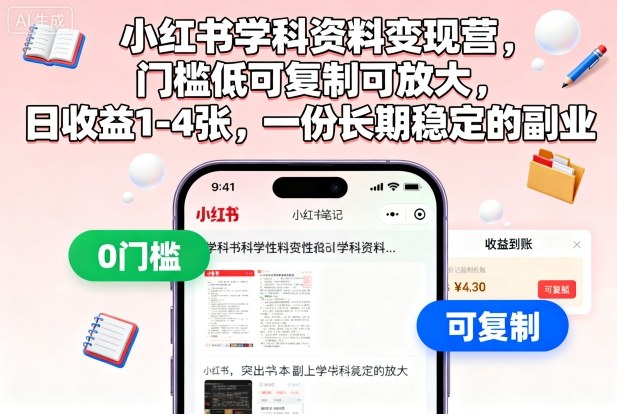小红书学科资料变现营，门槛低可复制可放大，日收益1-4张，一份长期稳定的副业-优品网赚资源库