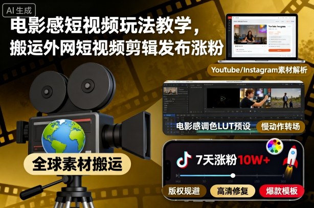 电影感短视频玩法教学，搬运外网短视频剪辑发布涨粉-优品网赚资源库