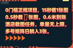 0门槛正规项目,15秒截1张图,0.6米到账,酒店截图任务,单量无上限,多号矩阵日躺入3张【揭秘】-优品网赚资源库