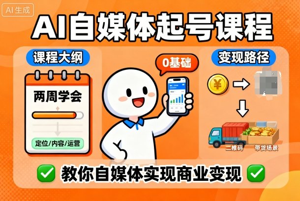 AI自媒体起号课程，0基础小白两周学会，教你自媒体实现商业变现-优品网赚资源库