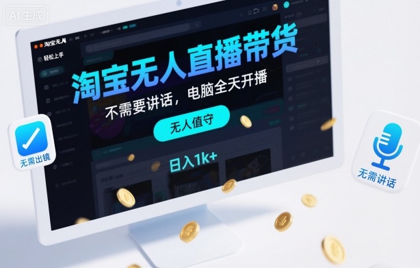 淘宝无人直播带货,不需要出镜,不需要讲话,电脑全天开播,轻松上手,日入1k+【揭秘】-优品网赚资源库