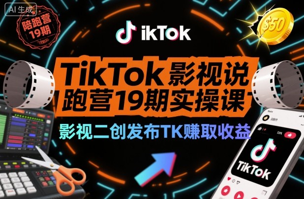 TikTok影视解说陪跑营19期实操课，影视二创发布TK賺取收益，万播收益50美金-优品网赚资源库