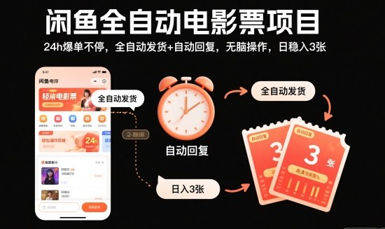 闲鱼全自动电影票项目，24h爆单不停，全自动发货+自动回复，无脑操作，日稳入3张【揭秘】-优品网赚资源库