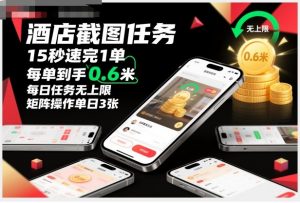 酒店截图任务,15秒速完1单,每单到手0.6米,每日任务无上限,全网首发玩法,矩阵操作单日3张【揭秘】-优品网赚资源库