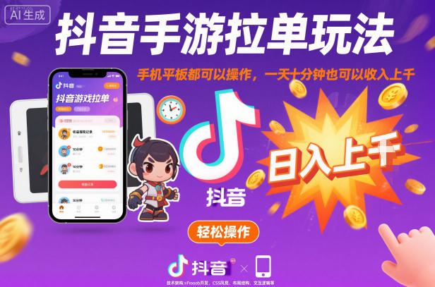 抖音手游拉单玩法,手机平板都可以操作,一天十分钟也可以收入上K【揭秘】-优品网赚资源库