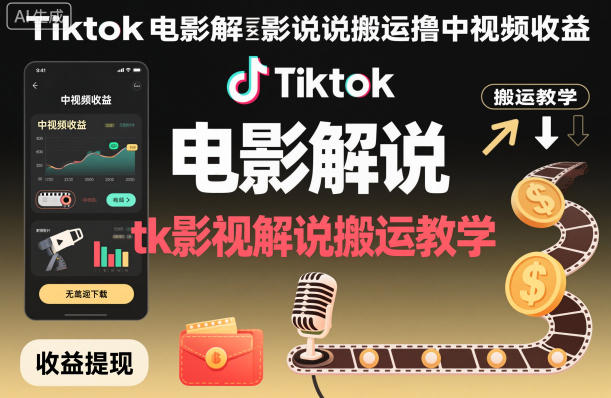 Tiktok电影解说搬运撸中视频收益，tk影视解说搬运教学-优品网赚资源库