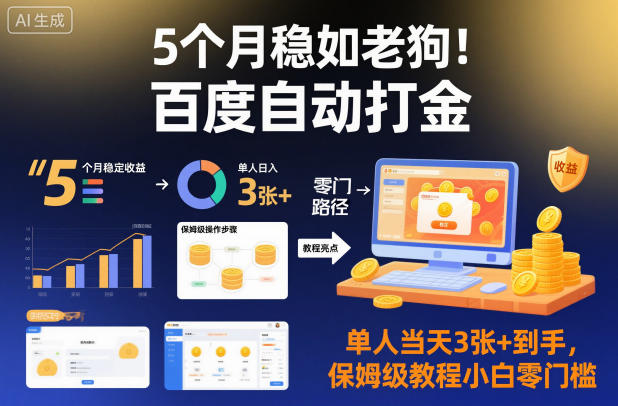 5个月稳如老狗!百度自动打金,单人当天3张+到手,保姆级教程小白零门槛【揭秘】-优品网赚资源库