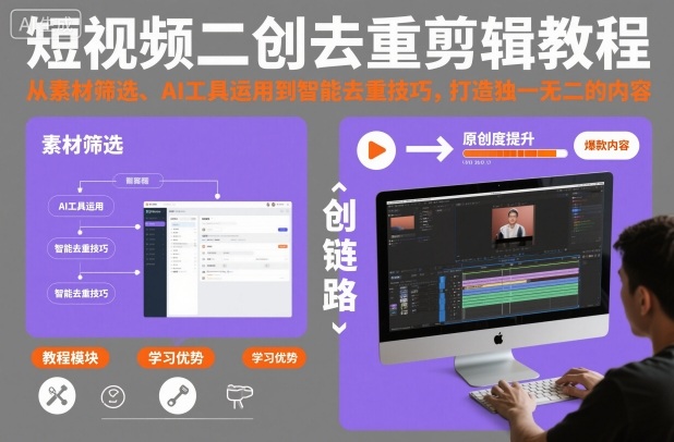 短视频二创去重剪辑教程,从素材筛选、AI工具运用到智能去重技巧,打造独一无二的内容-优品网赚资源库