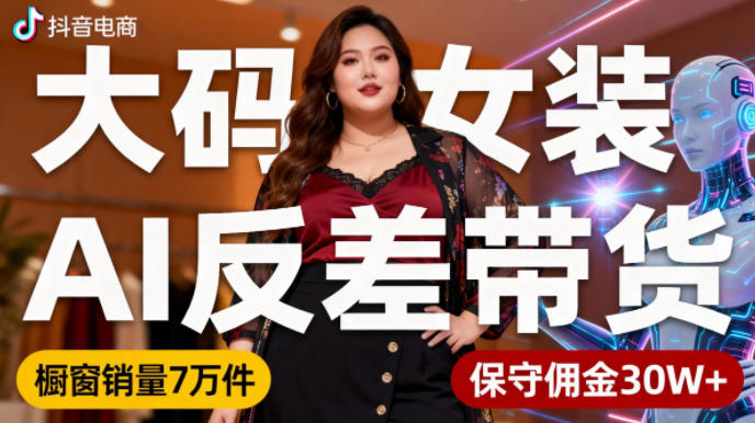 抖音小众赛道，大码女装AI反差带货，不用直播，每天6条作品，橱窗卖7万件，保守佣金30W+-优品网赚资源库