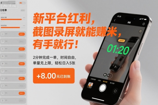 新平台红利，截图录屏就能賺米，有手就行！2分钟完成一单，时间自由，单量无上限，轻松日入5张【揭秘】-优品网赚资源库