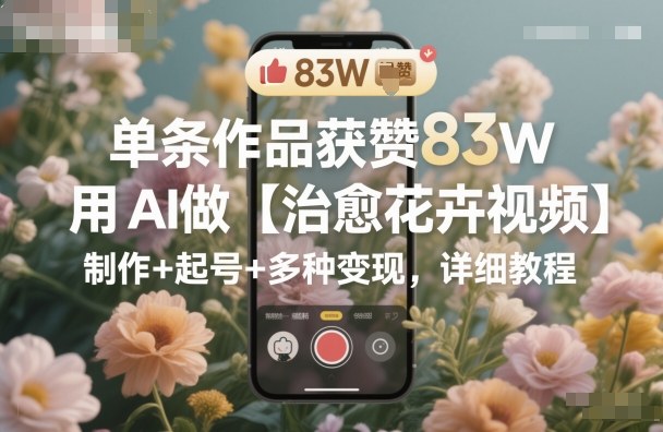 单条作品获赞83W，用AI做【治愈花卉视频】，制作+起号+多种变现，详细教程-优品网赚资源库