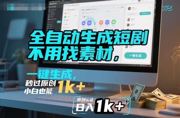 全自动生成短剧，不用找素材，不用剪辑，一键生成，秒过原创，小白也能轻松日入1k+【揭秘】-优品网赚资源库