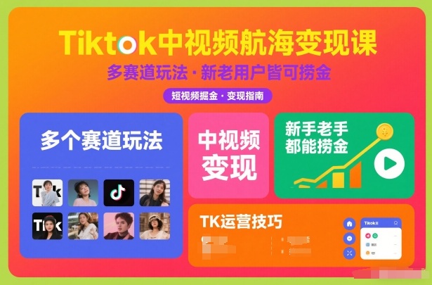 Tiktok中视频航海变现课,多个赛道玩法,新手老手都能在TK中视频捞金-优品网赚资源库