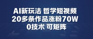 AI新玩法哲学短视频制作教学,20多条作品涨粉70W,0成本赛道,可矩阵-优品网赚资源库