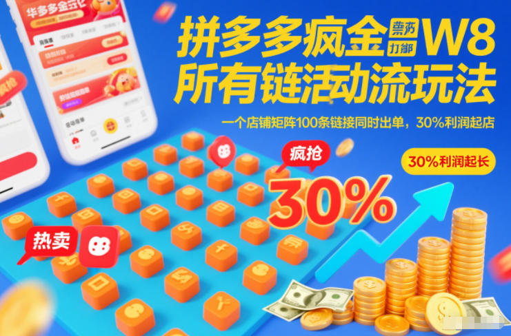 拼多多疯狂活动流玩法，所有链接全部打标，一个店铺矩阵100条链接同时出单，30%利润起店-优品网赚资源库