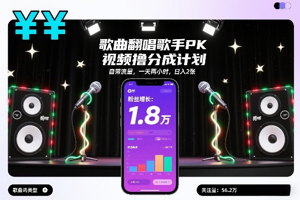 歌曲翻唱歌手PK视频撸分成计划，自带流量，一天两小时，日入2张-优品网赚资源库