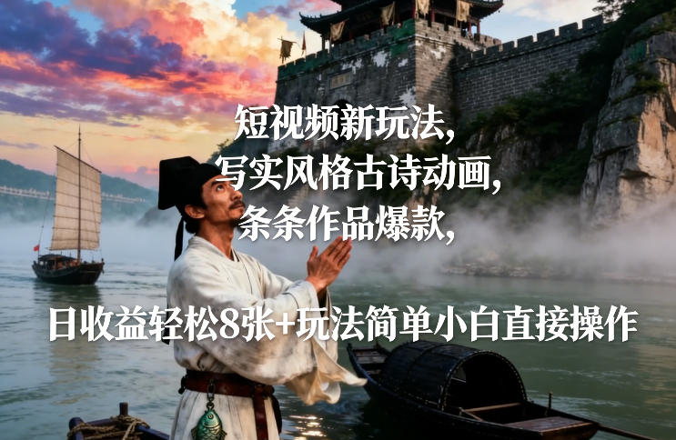 短视频新玩法，写实风格古诗动画，条条作品爆款，日收益轻松8张+玩法简单小白直接操作-优品网赚资源库