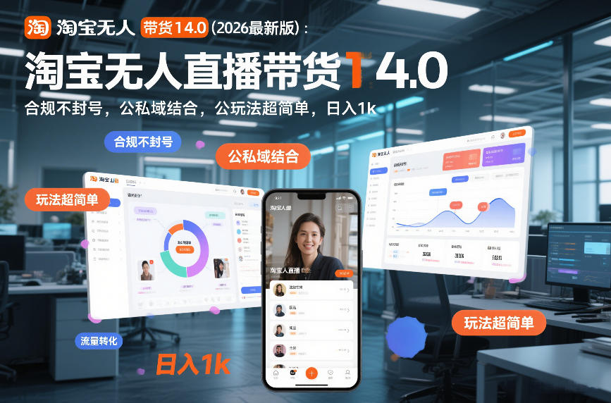 淘宝无人直播带货14.0（2026最新版）：合规不封号，公私域结合，玩法超简单，日入1k+【揭秘】-优品网赚资源库