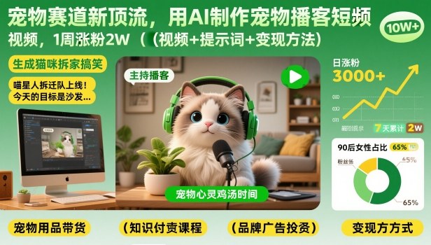 宠物赛道新顶流，用AI制作宠物播客短视频，1周涨粉2W（视频+提示词+变现方法）-优品网赚资源库