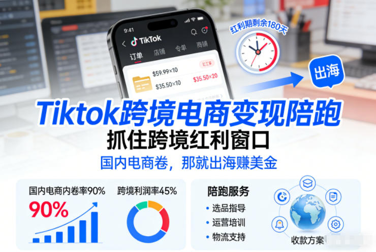 Tiktok跨境电商变现陪跑，抓住跨境红利窗口，国内电商卷，那就出海賺美金-优品网赚资源库