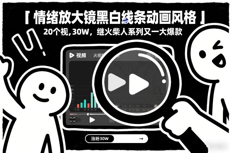 情绪放大镜黑白线条动画风格，20个视频，涨粉30W，继火柴人系列又一大爆款-优品网赚资源库