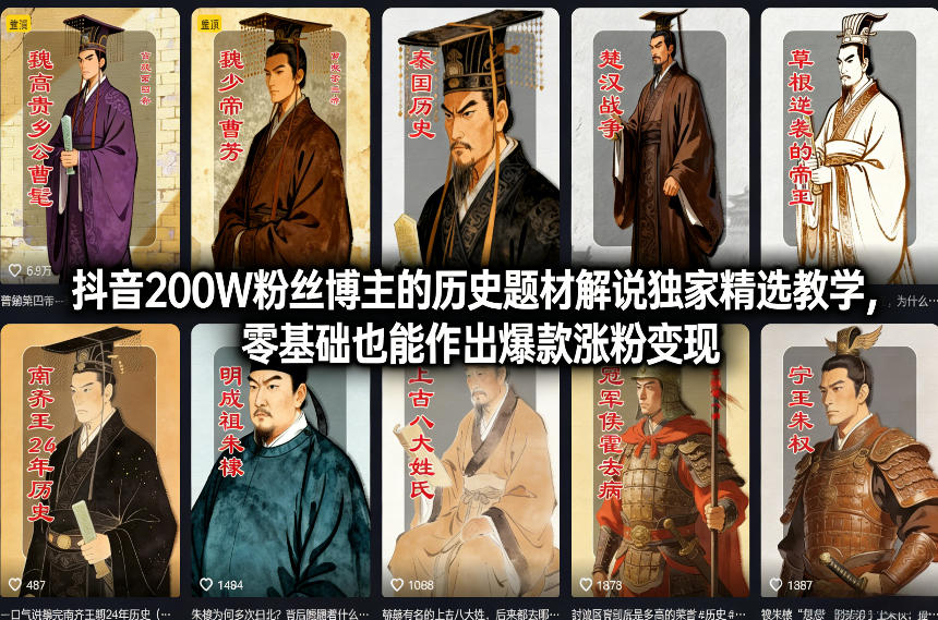 抖音200W粉丝博主的历史题材解说独家精选教学，零基础也能作出爆款涨粉变现-优品网赚资源库
