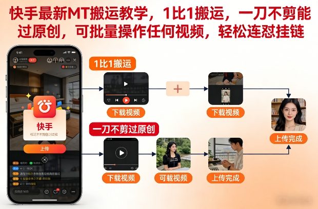 快手最新MT搬运教学，1比1搬运，一刀不剪能过原创，可批量操作任何视频，轻松连怼挂链-优品网赚资源库