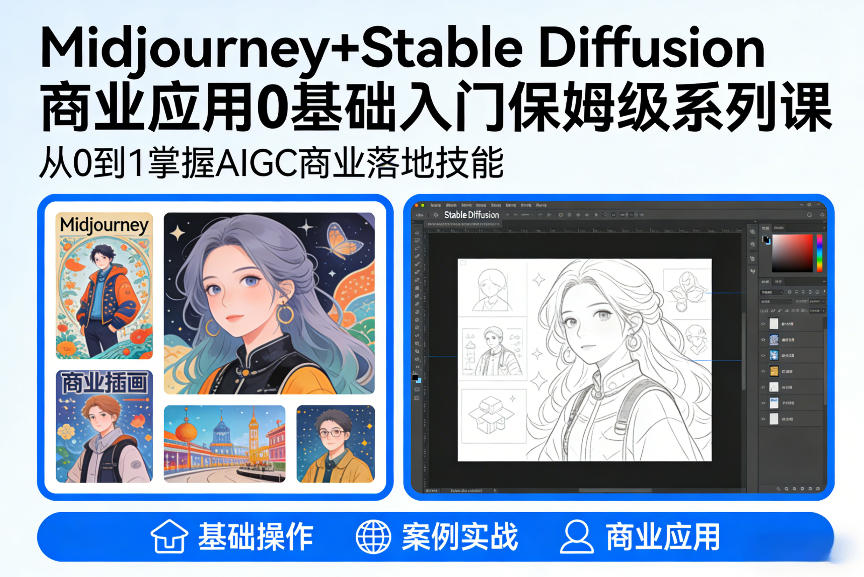 AIGC商业应用Midjourney+Stable Diffusion教程，0基础入门保姆级系列课-优品网赚资源库