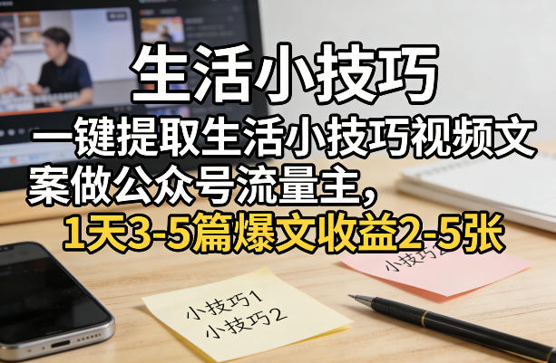 一键提取生活小技巧视频文案做公众号流量主，1天3-5篇爆文收益2-5张-优品网赚资源库
