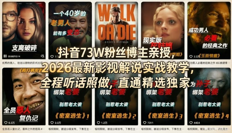 抖音73W粉丝博主亲授，2026最新影视解说实战教学，全程听话照做，直通精选独家-优品网赚资源库
