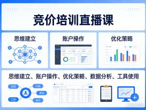 竞价培训直播课,覆盖思维建立、账户操作、优化策略、数据分析、工具使用等,全方位提升效果-优品网赚资源库