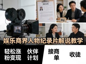 娱乐商界人物纪录片解说教学，轻松涨粉变现，伙伴计划，接商单，收徒等-优品网赚资源库