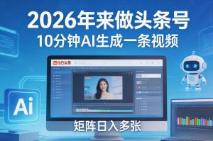 2026年来做头条号，10分钟AI生成一条视频，矩阵日入多张-优品网赚资源库
