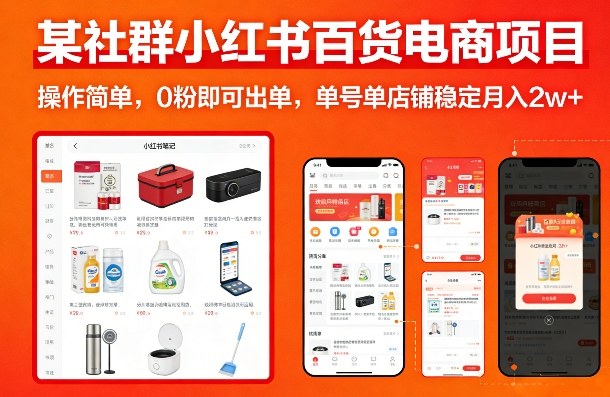 某社群小红书百货电商项目，操作简单，0粉即可出单，单号单店铺稳定月入2w+-优品网赚资源库